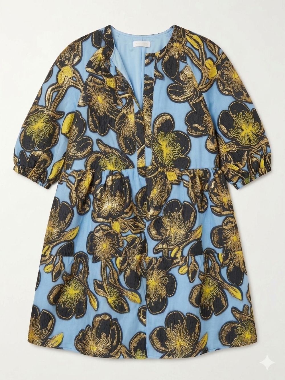 STINE GOYA Blue Mini Dress with Black and Gold Floral Print